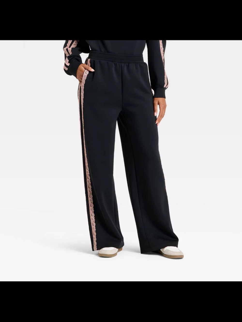 all in motion Black Wide-Leg Track Pants with Pink Lace-Trim